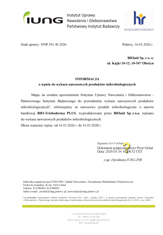 Potwierdzenie z IUNG, ze BIO-Trichoderma PLUS znajduje się na liście nawozowych produktów mikrobiologicznych.